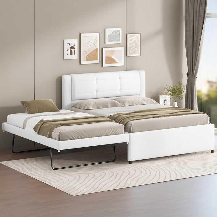 Full Size Upholstery Platform Bed with Trundle,Trundle Can Be Flat or Erected, Modern Bed Frame with Linen Headboard for Kids, Adults, No Box Spring Needed, Beige