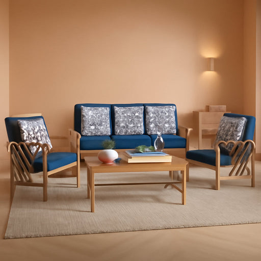 Outdoor Collection Fontana Natural/ Navy Blue Cushions/ Geometric Pattern Pillows 4-Piece Conversation Patio Set