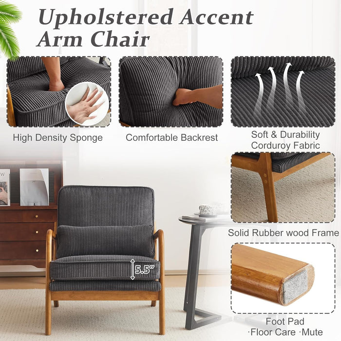 Corduroy Upholstered Accent Chair Dark Grey Lumbar