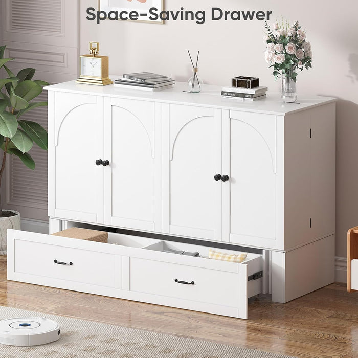 Queen Murphy Bed Cabinet Integrated Charging White