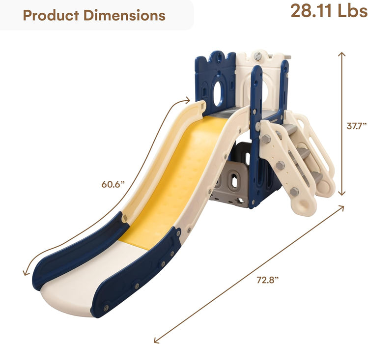 Playhouse with Slide and L-Stair - Basketball Hoop Indoor or Outdoor Playground Set for Toddlers - Handrail, Baby Climber Playset Playground Freestanding Slide - Blue & Yellow