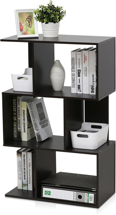 SIMPLY Book Shelf, 3-Tier Geometric Bookshelf, S-Shape Bookcase with Open Shelf, 11.8" X 23.6" X 37.3", for Organization and Storage, for Living Reoom, Bedroom, Home Office, Espresso