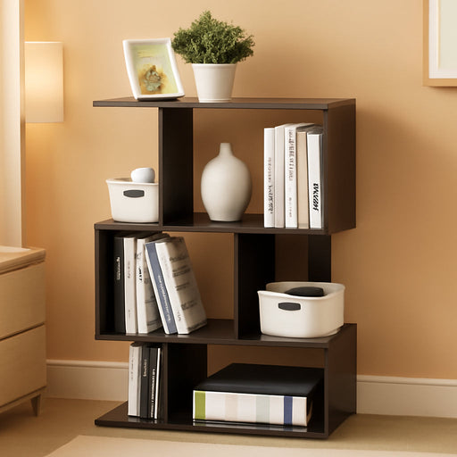 SIMPLY Book Shelf, 3-Tier Geometric Bookshelf, S-Shape Bookcase with Open Shelf, 11.8" X 23.6" X 37.3", for Organization and Storage, for Living Reoom, Bedroom, Home Office, Espresso