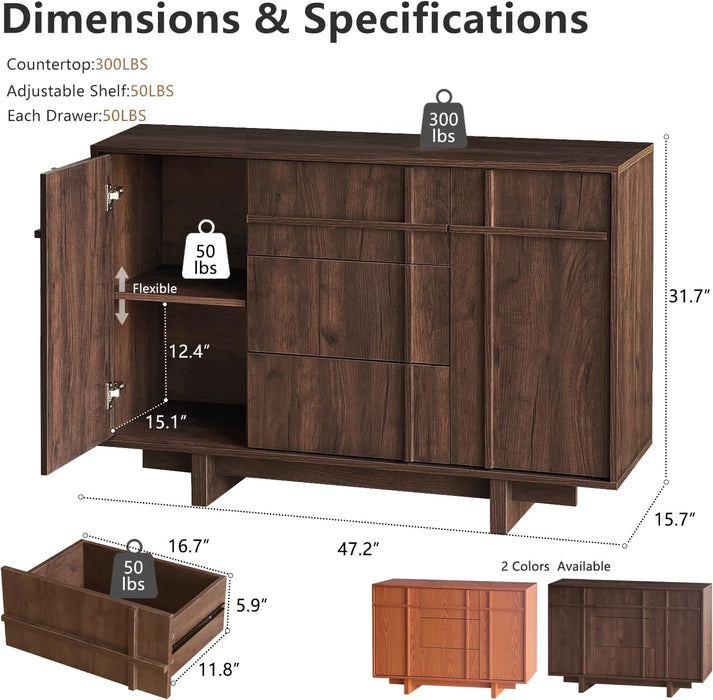 47.2" Buffet Cabinet with Storage, Skeleton Line Design, Walnut | Sideboard with Drawers, Mid Century Modern Accent Cabinet with Wood Gain, Console Cabinets for Living Dining Room Entryway