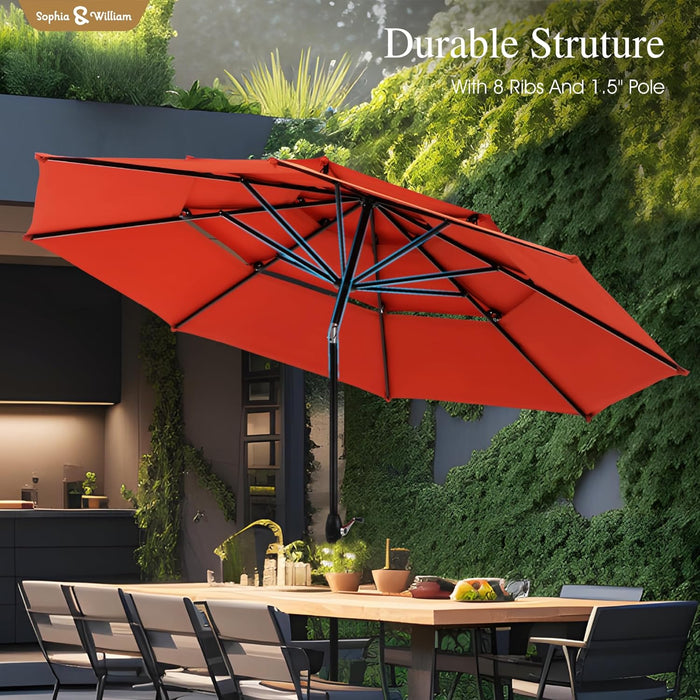 10Ft 3 Tier Auto-Tilt Patio Umbrella,Wind Resistent,Outdoor Patio Umbrellas Double Vented Umbrella with Crank for Pool Garden Backyard, Red