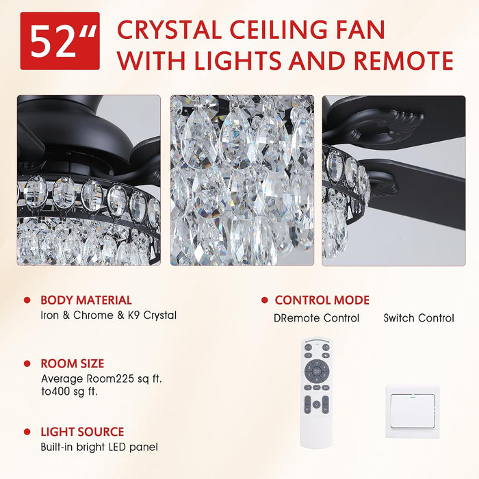 Crystal Ceiling Fan Fandelier with Lights-Modern Ceiling Fan(52" Black)