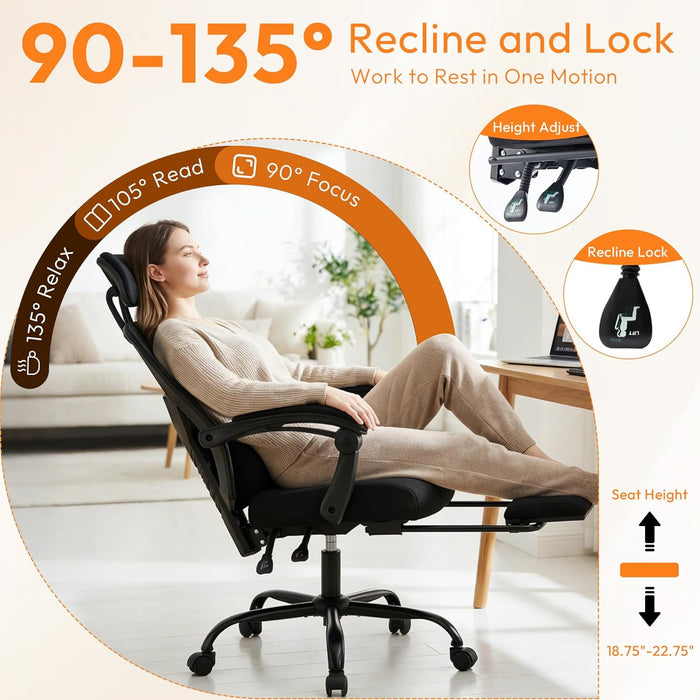 Desk Chair with Foot Rest, High-Back Mesh Office Chair with Wheels, Black