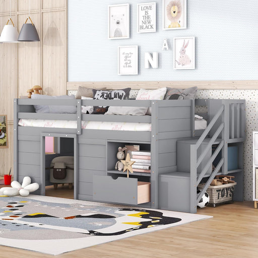 Twin Size Low Loft Bed with Storage Drawer and Stairs, Wood Playhouse Loft Bed Frame for Kids Boys Girls Teens, Gray