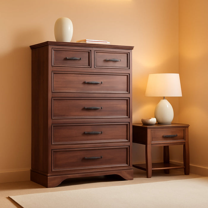 Walnut Farmhouse Dresser for Bedroom, Modern 6 Chest of Drawers, 44" Tall Chest of Drawers with Brushed Metal Handle, Wood Closet Organizers and Storage Cabinet for Bedroom, Living Room, Hallway