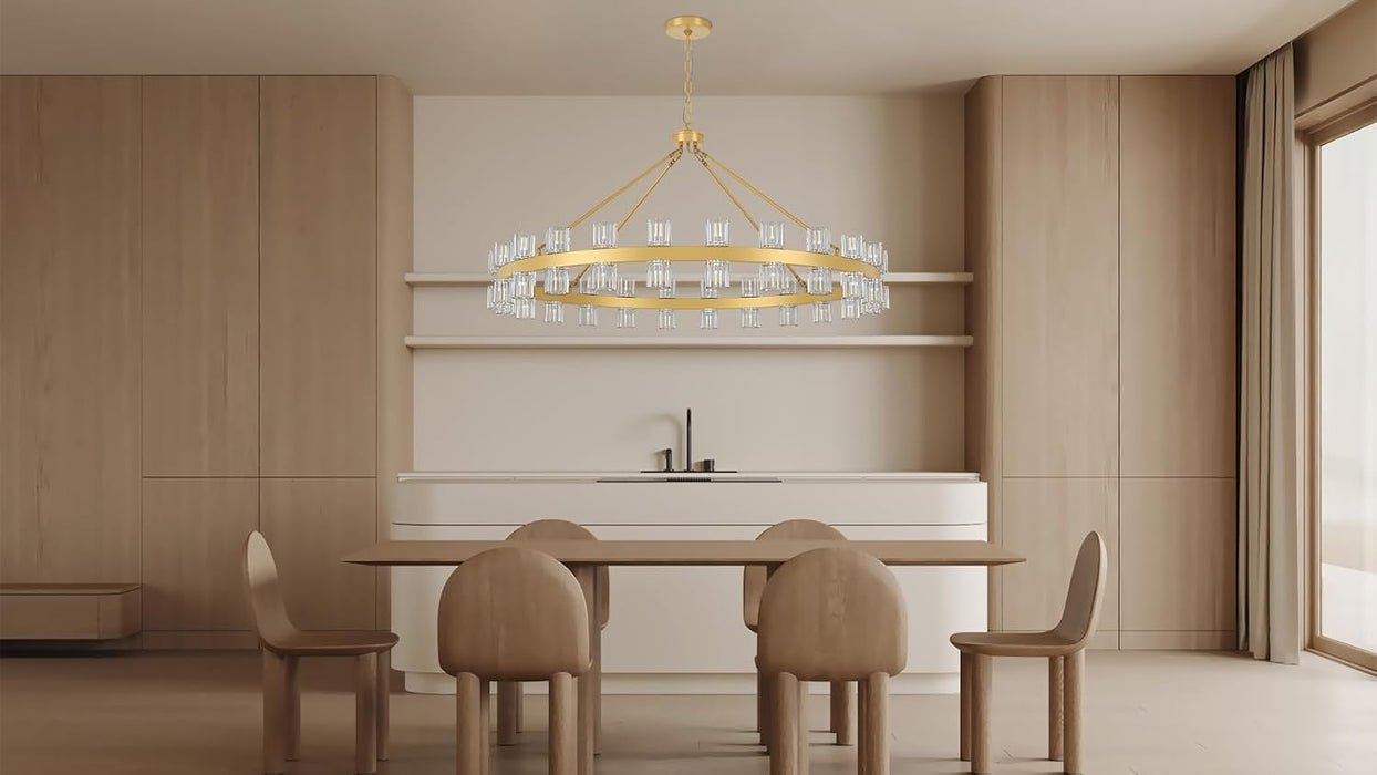 48 Inch Gold Wagon Wheel Chandelier with Crystal Shade, 48 Lights, Modern Farmhouse Style, Ideal for Dining Room, Kitchen, Entryways