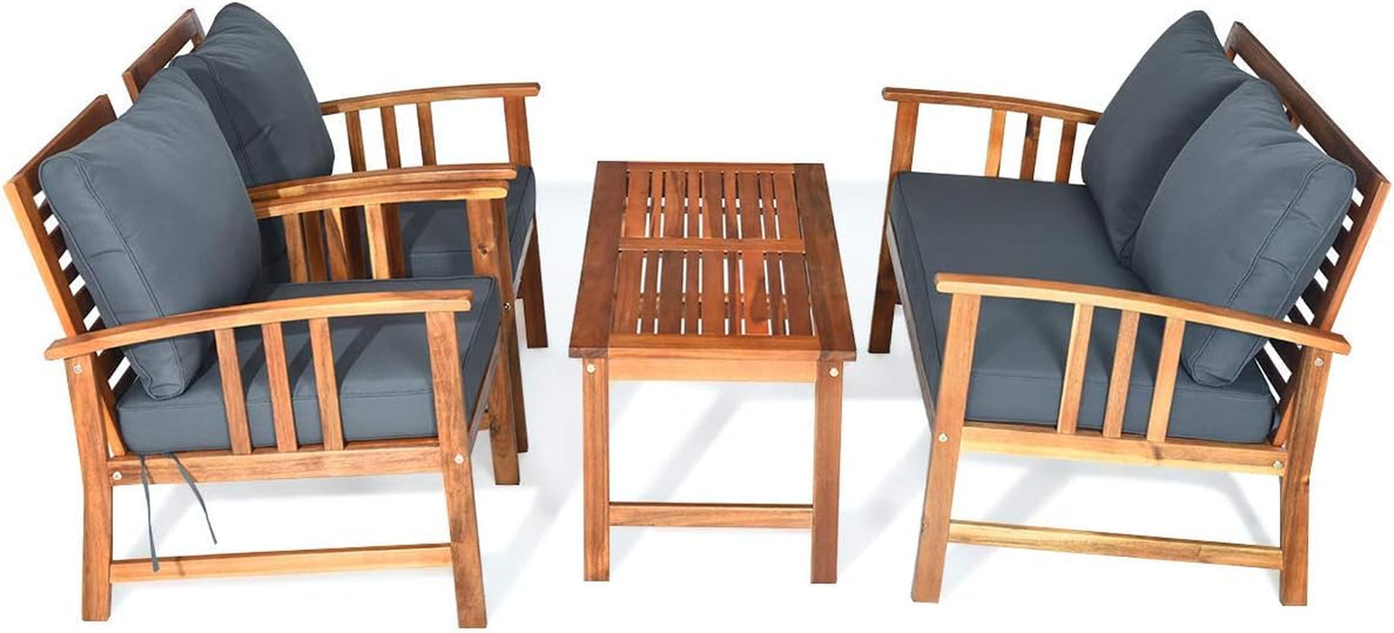 4 Pieces Acacia Wood Patio Furniture Set, Outdoor Seating Chat Set with Gray Cushions & Back Pillow, Conversation Set with Coffee Table, Ideal for Garden, Backyard, Poolside