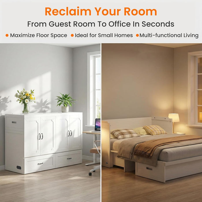 Queen Murphy Bed With Mattress White StorageDrawer