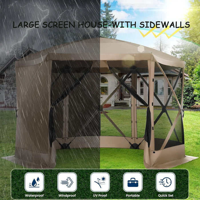 12X12 Pop up Canopy Gazebo, Outdoor Canopy Tent Screen House with 6 Sidewalls and Netting for Camping, Waterproof, UV Resistant, Ez Set-Up Party Tent with Carrying Bag and Ground Stakes,Khaki