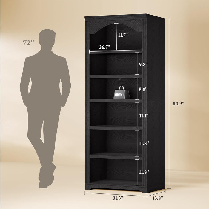 80.9 in Tall Arched Bookcase, Vintage 6-Tier Black Bookshelf with Classic Roman Column Design & Open Shelves for Living Room, Kitchen, Black