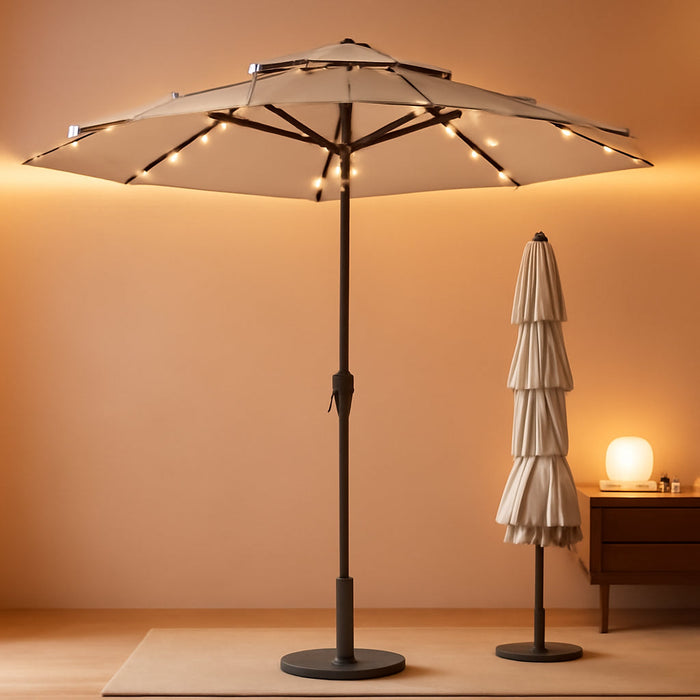 9Ft 3-Tier Patio Umbrella with Solar Lights, Table Umbrella Outdoor Patio with Easy Crank & Tilt, 8 Sturdy Ribs, UV Protection, 32 LED Lights for Deck, Poolside, Market (Beige)
