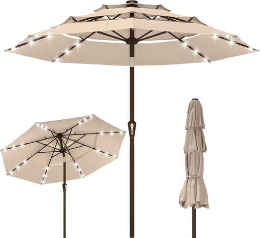 9Ft 3-Tier Patio Umbrella with Solar Lights, Table Umbrella Outdoor Patio with Easy Crank & Tilt, 8 Sturdy Ribs, UV Protection, 32 LED Lights for Deck, Poolside, Market (Beige)