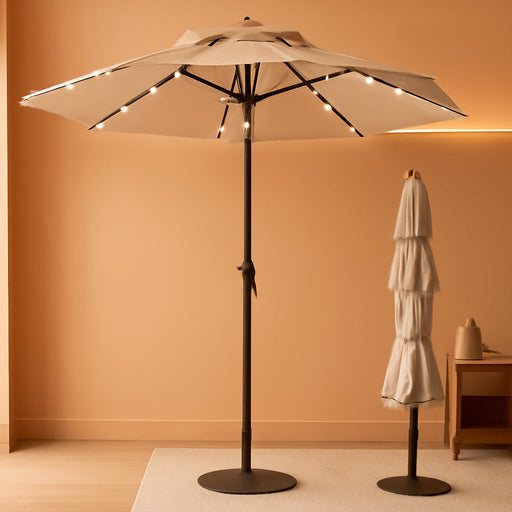 9Ft 3-Tier Patio Umbrella with Solar Lights, Table Umbrella Outdoor Patio with Easy Crank & Tilt, 8 Sturdy Ribs, UV Protection, 32 LED Lights for Deck, Poolside, Market (Beige)