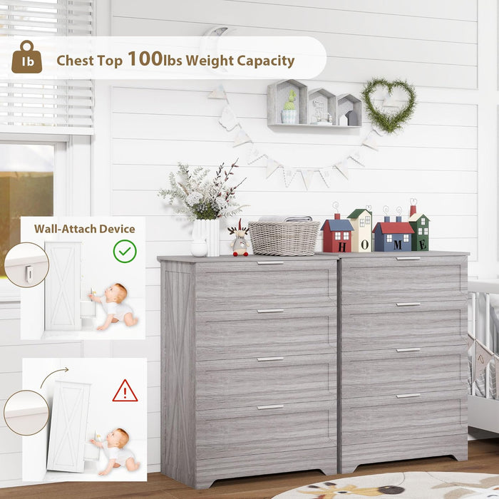 Farmhouse 4 Drawer Dresser for Bedroom, Tall Bedroom Dresser with Large Drawer & Silver Handles, Wooden Storage Organizer Cabinet Chest of Drawer for Closet, Living Room, Hallway, Wash Grey