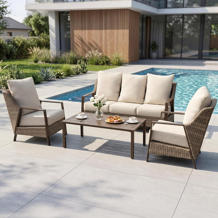4 Piece Outdoor Patio Furniture Set, All Weather Wicker Conversation Set with 6" Thick Cushions, High Back Deep Seating Sofa & Armchairs, Outdoor Couch Set with Coffee Table for Backyard, Balcony