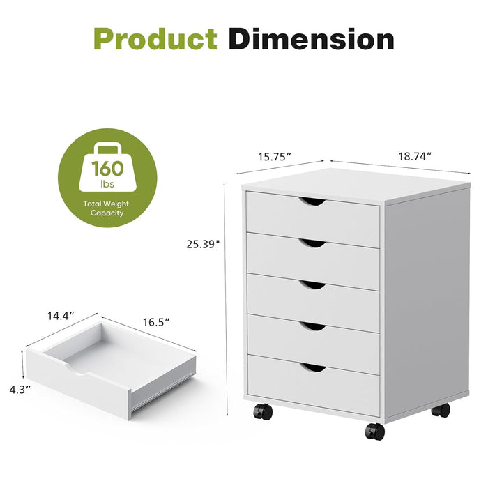 White Wooden Five Drawer Dresser On ReinforcedCasters