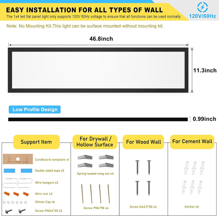 6 Pack 1X4 LED Flat Panel Light Surface Mount LED Ceiling Light, 5500LM 50W TRIAC 10-100% Dimmable, 3000/4000/5000K AC120V Kitchen Lights Ceiling Flush Mount for Garage/Basement Black