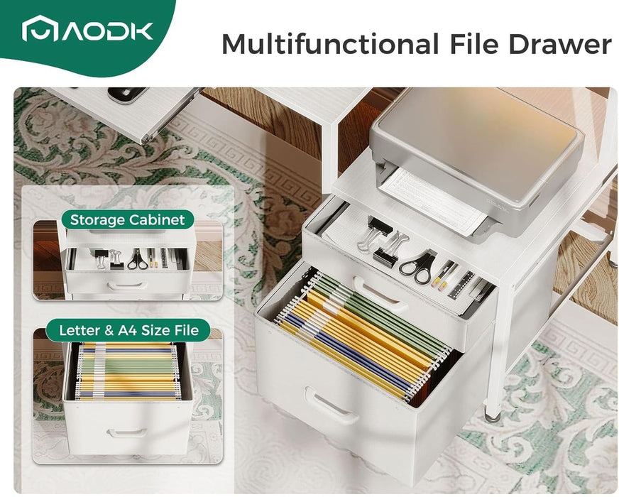 48" Computer Desk with Fabric File Cabinet and Drawer, Reversible Office Desk with Power Outlet and LED Light, Study Desk with Printer Stand, Keyboard Tray, Full Monitor Riser and PC Stand, White