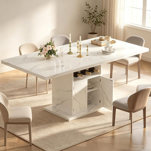Extendable Dining Table for 4-6, 47-63 Inch Faux Marble Rectangle Kitchen Table with Storage Shelves and Wine Rack, Expandable Modern Rectangular Dinner Table for Kitchen, Dining Room, White