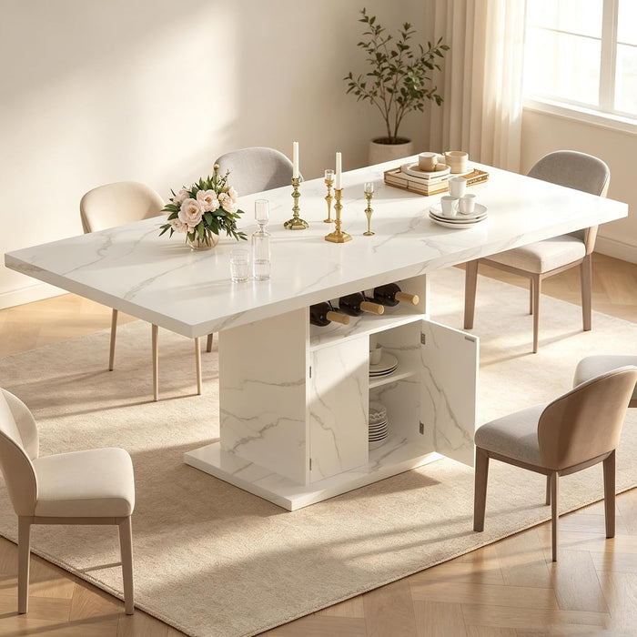 Extendable Dining Table for 4-6, 47-63 Inch Faux Marble Rectangle Kitchen Table with Storage Shelves and Wine Rack, Expandable Modern Rectangular Dinner Table for Kitchen, Dining Room, White
