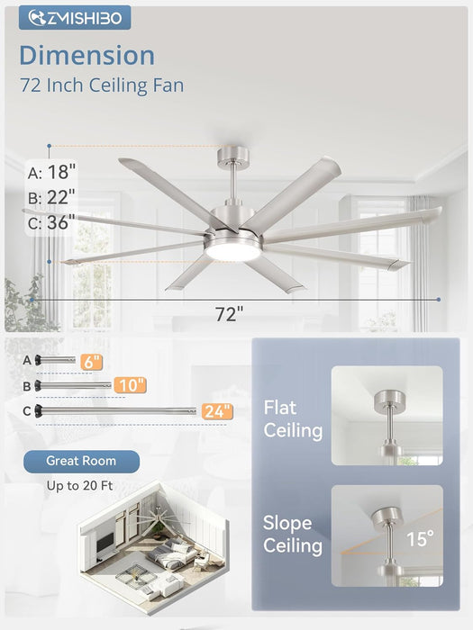 72 Inch Ceiling Fans with Lights, Indoor/Outdoor Industrial Ceiling Fan with 8 Aluminum Reversible Blade, Quiet DC Motor, 3Cct&6-Speed Remote Control, Damp Rated for Living Room/Garage/Gazebo