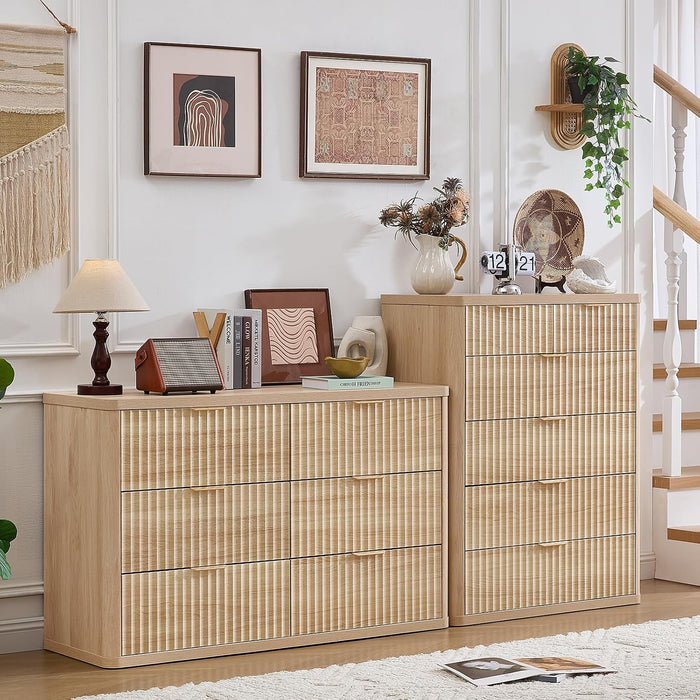 Farmhouse Fluted 6 Drawers Dresser for Bedroom, 42" Tall Modern Chest of Drawers with Curved Profile Design & Metal Handle,Natural Wood Drawer Organizer for Bedroom
