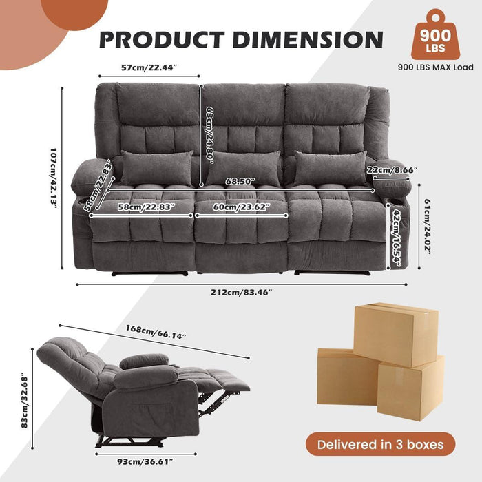 Recliner Sofa with Cup Holders for Living Room 3 Seat Manual Oversized Recliner Chiar with Ergonomic, Side Pocket for Adult