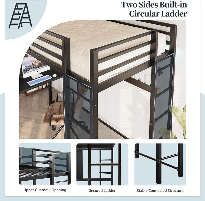 Loft Bed with Desk, Metal Loft Bed Twin Size with 2 Built-In Ladders, with Safety Guard,Space-Saving Bed Frame, Noise Free for Small Bedroom, Black (Twin Size)