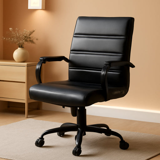 Whitney Mid-Back Swivel Leathersoft Desk Chair with Padded Seat and Armrests, Adjustable Height Padded Office Chair, Black