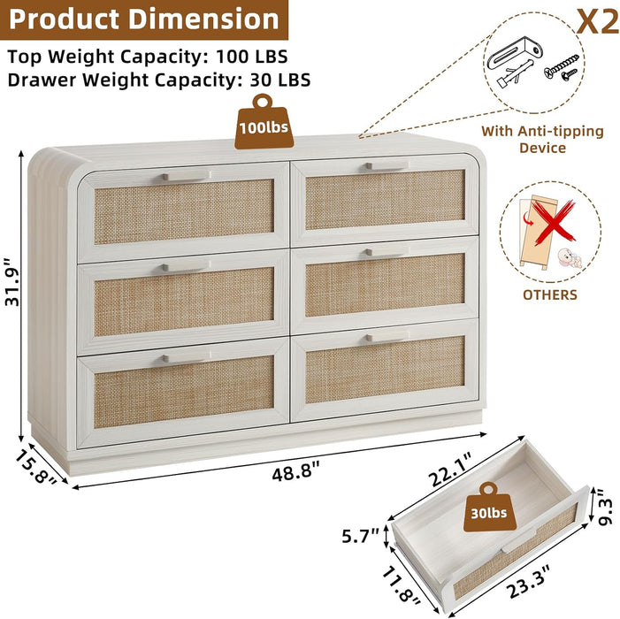 Rattan 6 Drawer Dresser for Bedroom, Grey White