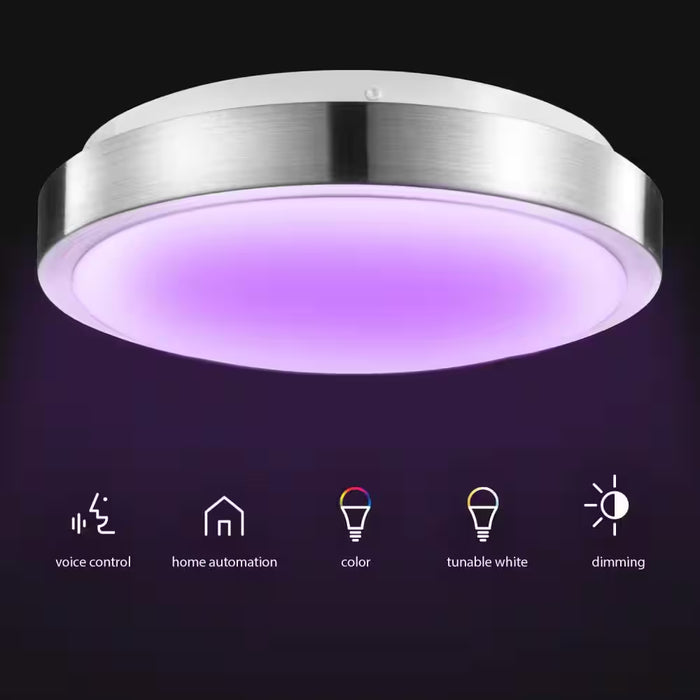 Wi-Fi Smart 11 In, 1-Light Brushed Nickel Smart LED Integrated Flush Mount