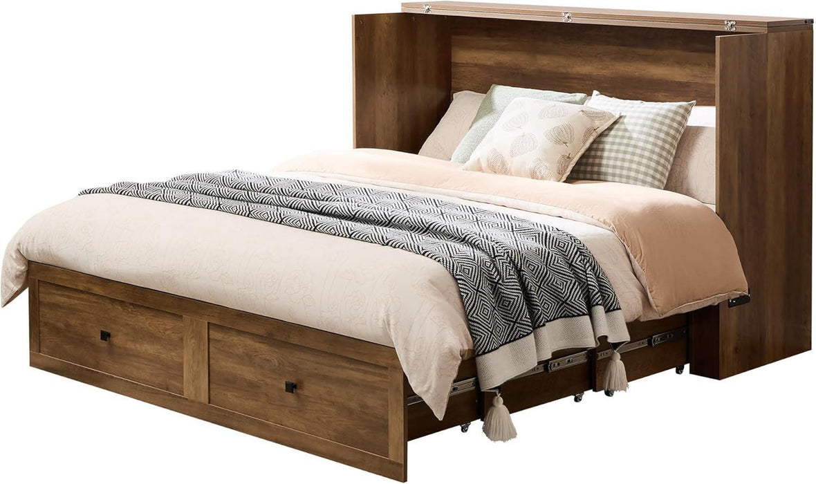 Full Murphy Bed with Storage and Charging Station, Farmhouse Cabinet Bed, Noise-Free, for Guest Room, Apartment, or Office, Barnwood
