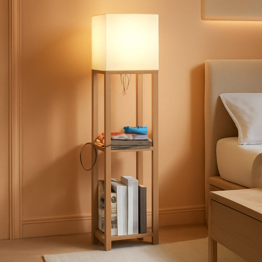 Modern Shelf Floor Lamp with Wireless Charger & Fast Charging USB Ports & Type C Port & 2 Power Outlets,3 Tier Storage Lamp for Bedroom(Wood)