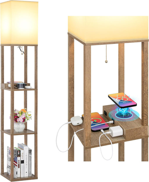 Modern Shelf Floor Lamp with Wireless Charger & Fast Charging USB Ports & Type C Port & 2 Power Outlets,3 Tier Storage Lamp for Bedroom(Wood)