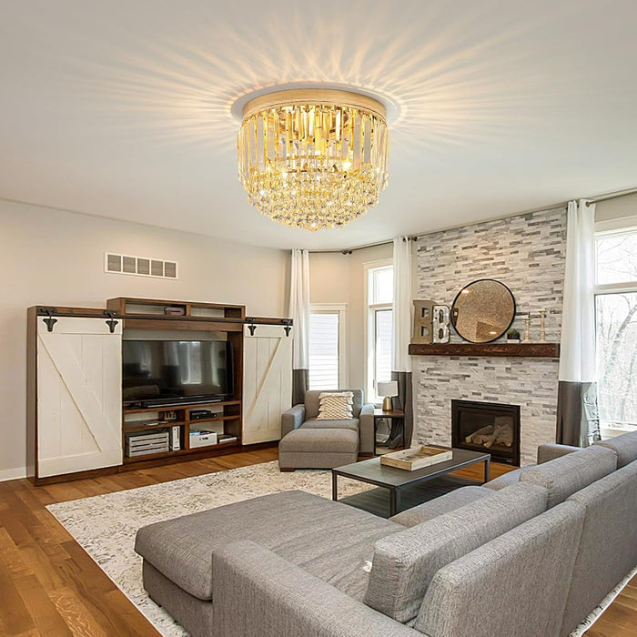 Modern 3-Lights Crystal Chandelier French Gold,11.8" Semi Flush Mount Crystal Ceiling Light LED round Chandelier Light E12 Base for Bedroom Living Room