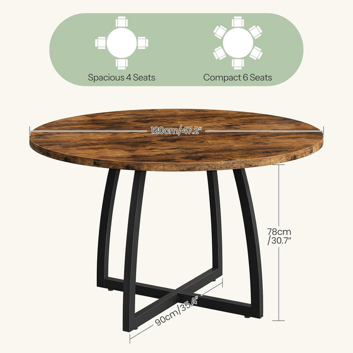 47.2-Inch round Dining Table for 4, Kitchen Dining Room Circle Dinner Pedestal Table, Farmhouse Kitchen Table with Retro Brown Tabletop, Curved Black Metal Legs, Easy Assembly TCZ13BFC1