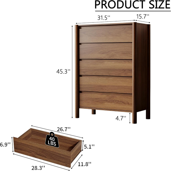 Walnut Dresser for Bedroom,45"Tall 5 Drawer Mid Century Modern Chest