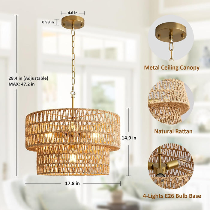 17.8 Inch Boho Handwoven Rattan Chandelier Fixture