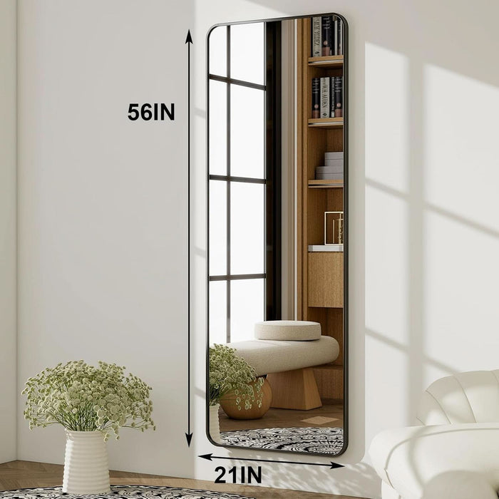 56"X21" Full Length Mirror, Black Rounded Corner Aluminum Frame Floor Standing Mirror Hanging/Leaning Wall for Living Room Bedroom Cloakroom