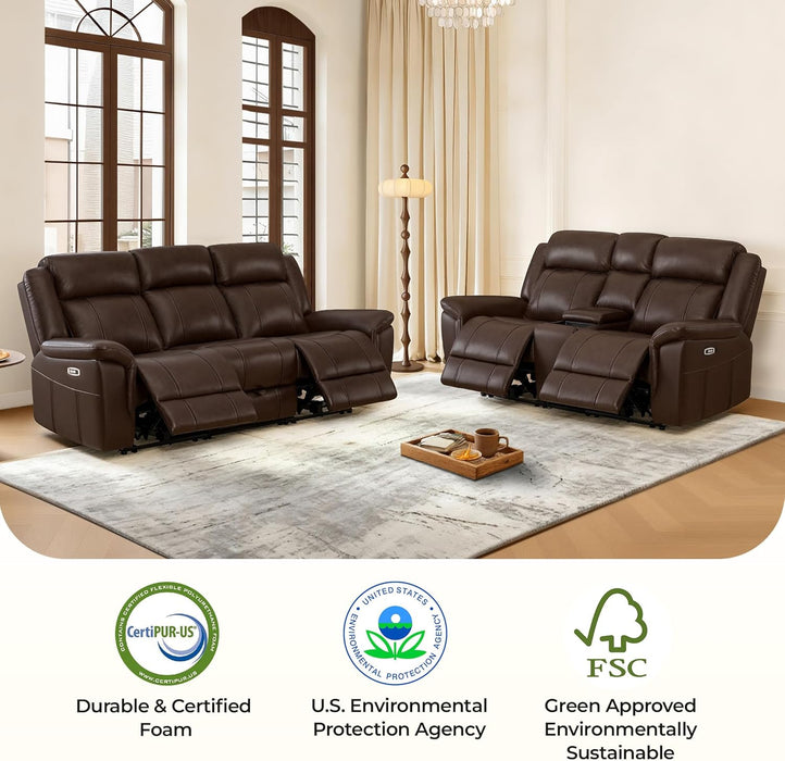 Genuine Leather Power Recliner Sofa, Wall Hugger Reclining Sofa with Drop down Table, Power Headrest, Drawers, Charging Ports, Reclining Sectional Couch for Living Room, RV, Dark Brown
