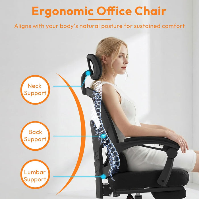 Desk Chair with Foot Rest, High-Back Mesh Office Chair with Wheels, Black