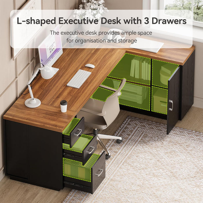 87-Inch Modern Executive Desk with File Cabinet, Large Home Office Desk with Drawers, 3-Drawer Wooden File Cabinet, Spacious Workstation for Home Office (Brown & Black)