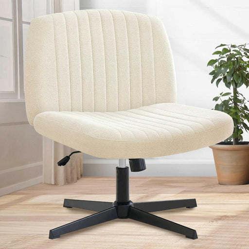 Cross Legged Office Desk Chair No Wheels Fabric Padded Modern Swivel Height Adjustable Wide Seat Computer Task Vanity Chair for Home Office Mid Back Accent Chair (Beige)