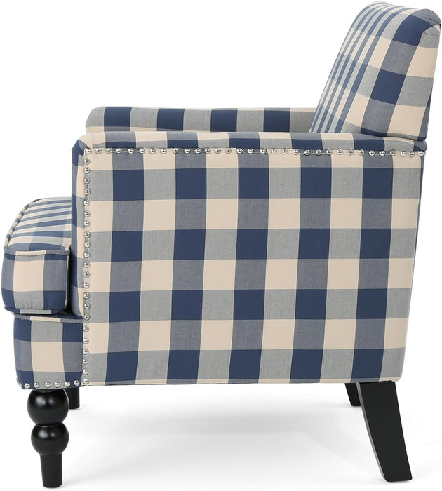 Luxurious Upholstered Blue Checkerboard Club Chair
