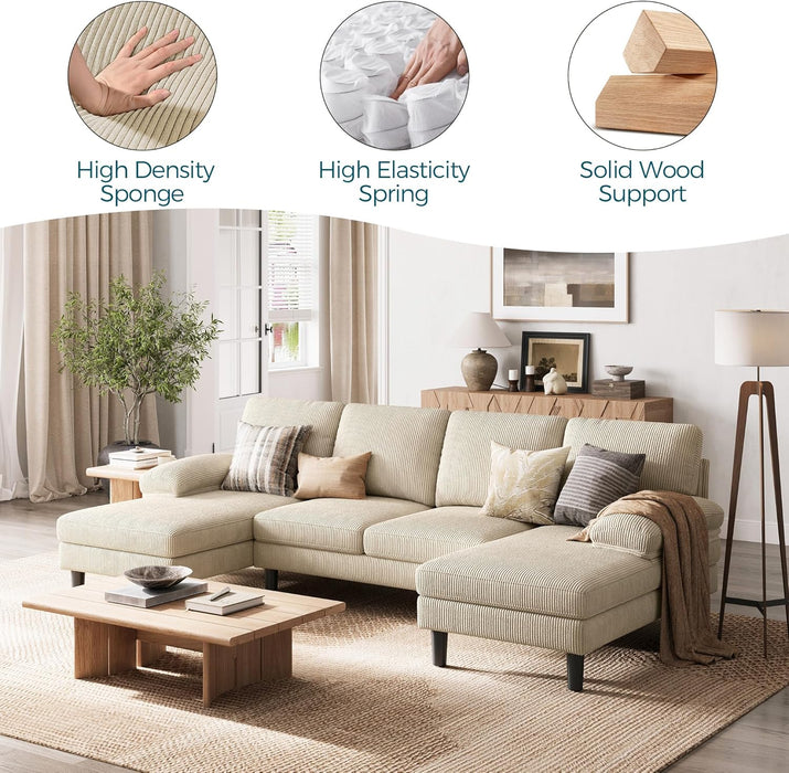 Sectional Couch, 111'' W Corduroy U Shaped Sofa with Sleepable Armrests, 4 Seat Couch with Double Chaises, Deep Sofa for Living Room, Beige