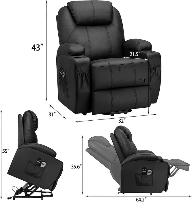 Power Lift Recliner Chair PU Leather with Massage for Elderly Ergonomic Lounge Chair Classic Single Sofa with 2 Cup Holders Side Pockets Home Theater Seat (Leather, Light Black)